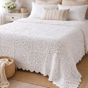 Tommy Hilfiger White Crochet Cotton Bedspread Throw Blanket 90x64 Farmhouse